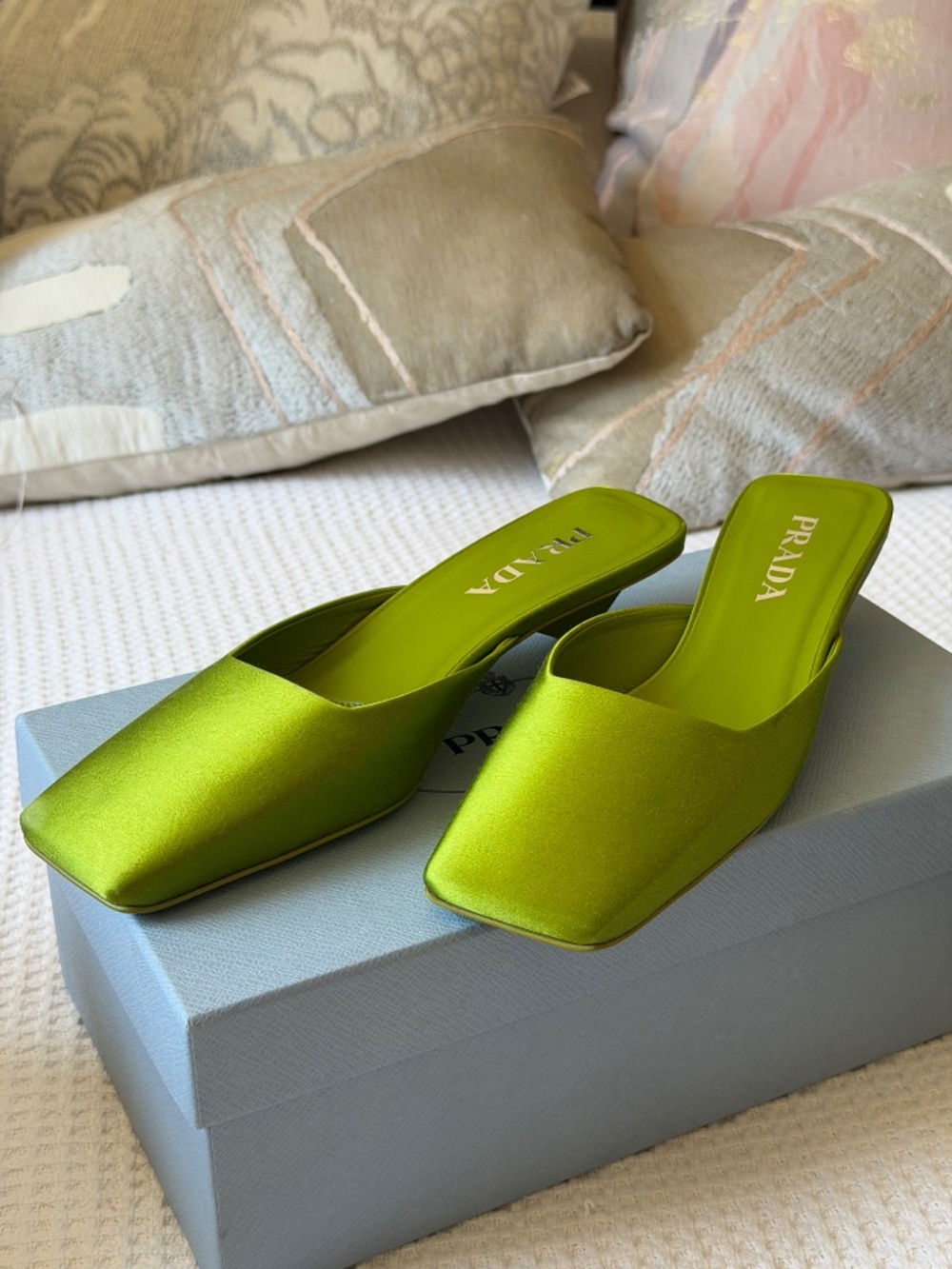 Prada Felce Green Satin Square Toe Mules Heels Size 37 - Picture 12 of 12